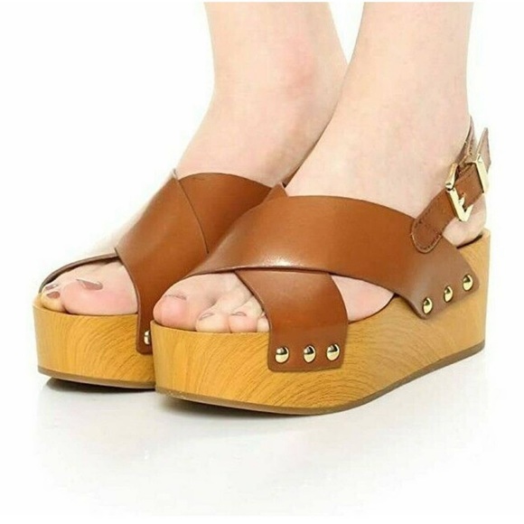 Sam Edelman size 7 Bentlee Brown Leather Studded Open Toe Platform Wedge Sandals - Picture 3 of 7